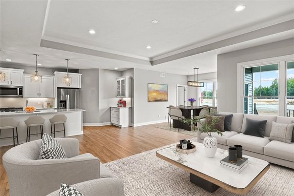 Dining room, Interior, Kitchen, Living room, Pendant Lights, Recessed Lighting, Stainless Steel Appliances, Wood Texture Flooring