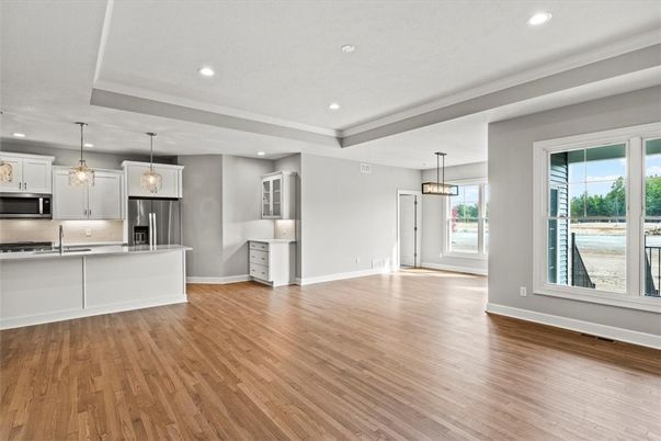 Empty room, Interior, Kitchen, Pendant Lights, Recessed Lighting, Stainless Steel Appliances, Wood Texture Flooring