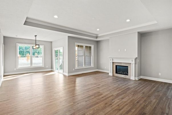 Empty room, Fireplace, Interior, Pendant Lights, Recessed Lighting, Wood Texture Flooring