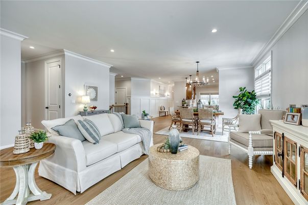 Dining room, Interior, Living room, Pendant Lights, Recessed Lighting, Wood Texture Flooring