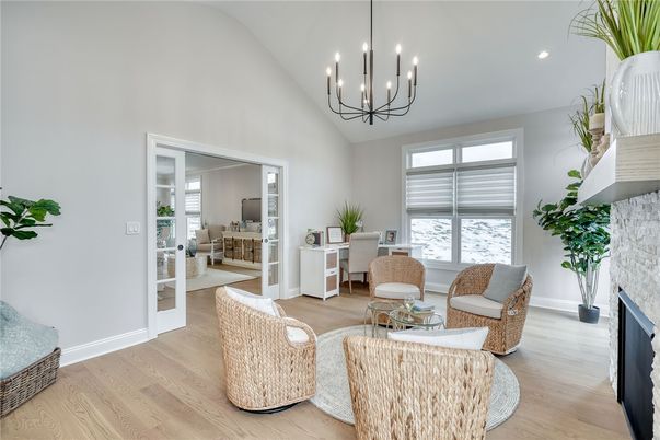 Chandelier, Fireplace, Interior, Living room, Recessed Lighting, Wood Texture Flooring