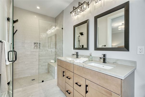 Bathroom, Dual Sink Vanities, Glass Shower, Interior, Recessed Lighting