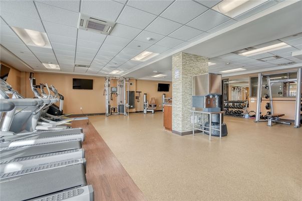 Fitness Equipment, Gym, Interior, Recessed Lighting, Wood Texture Flooring