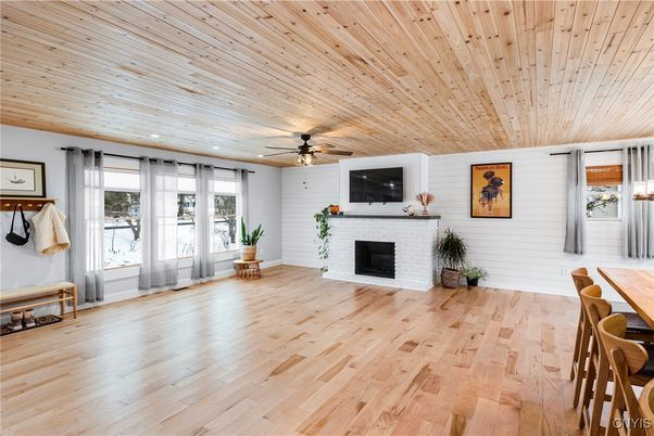 Empty room, Fireplace, Interior, Recessed Lighting, Wooden Ceilings, Wood Texture Flooring