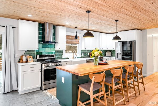 Interior, Kitchen, Pendant Lights, Recessed Lighting, Stainless Steel Appliances, Wooden Ceilings, Wood Texture Flooring