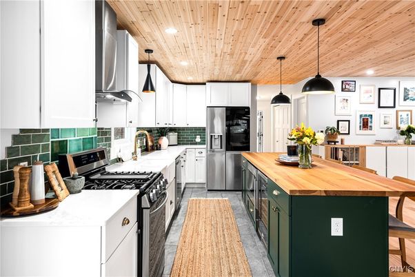 Interior, Kitchen, Pendant Lights, Recessed Lighting, Stainless Steel Appliances, Wooden Ceilings