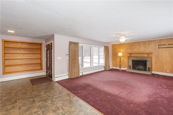 Empty room, Fireplace, Interior, Recessed Lighting, Wooden Walls