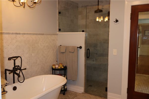 Bathroom, Free Standing Baths, Glass Shower, Interior, Pendant Lights, Stone Walls
