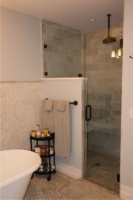 Bathroom, Free Standing Baths, Glass Shower, Interior, Pendant Lights, Recessed Lighting, Stone Walls