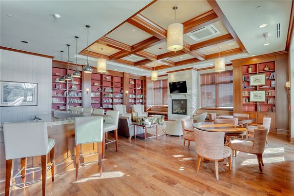 Dining room, Fireplace, Interior, Living room, Pendant Lights, Recessed Lighting, Wood Texture Flooring