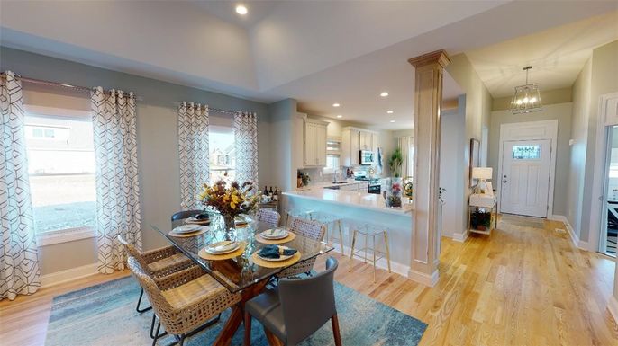 Dining room, Interior, Kitchen, Pendant Lights, Recessed Lighting, Wood Texture Flooring