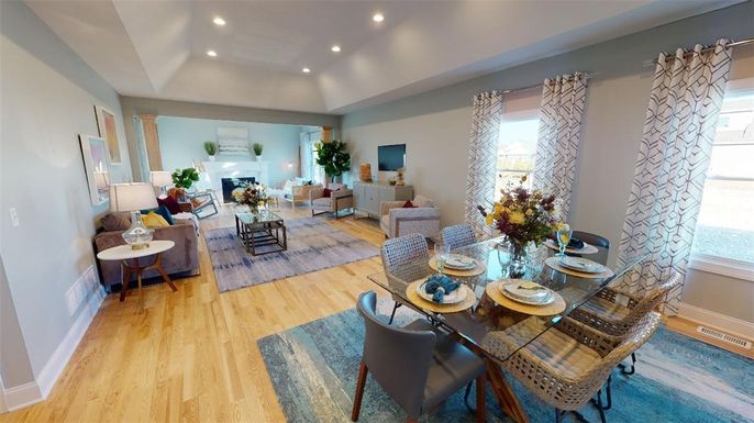 Dining room, Fireplace, Interior, Living room, Recessed Lighting, Wood Texture Flooring