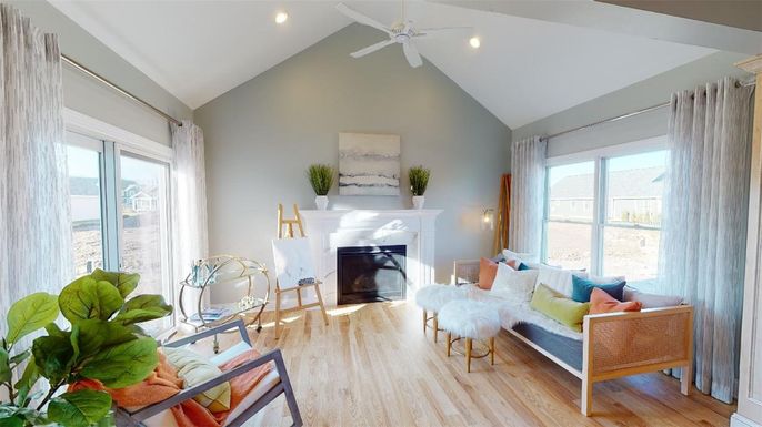 Fireplace, Interior, Living room, Recessed Lighting, Wood Texture Flooring