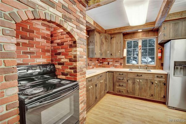 Interior, Kitchen, Stainless Steel Appliances, Stone Walls, Wood Texture Flooring