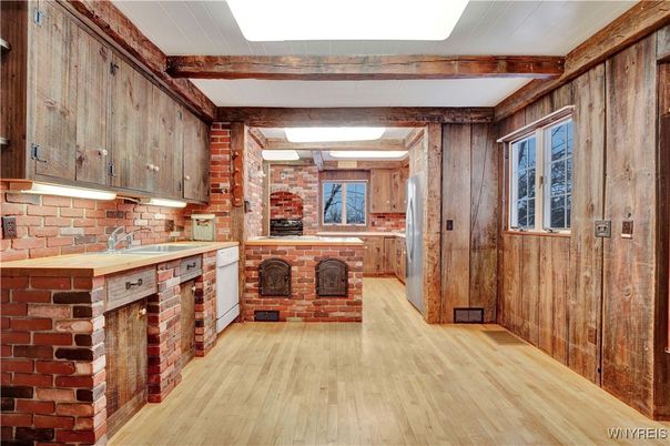 Fireplace, Interior, Kitchen, Stone Walls, Wood Texture Flooring