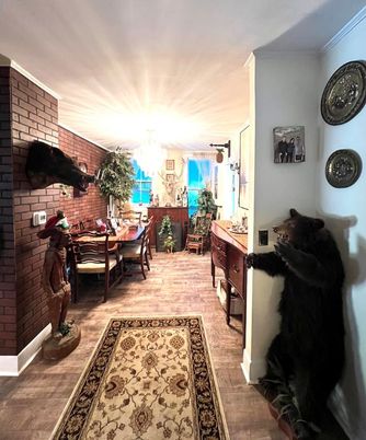 Chandelier, Dining room, Interior, Stone Walls, Wood Texture Flooring