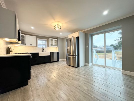 Interior, Kitchen, Recessed Lighting, Stainless Steel Appliances, Wood Texture Flooring