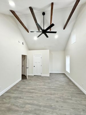 Empty room, Interior, Recessed Lighting, Wooden Beams, Wood Texture Flooring