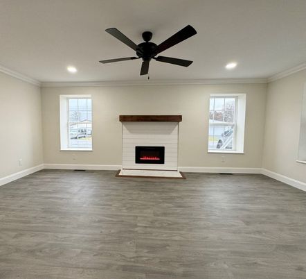 Empty room, Fireplace, Interior, Recessed Lighting, Wood Texture Flooring