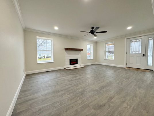 Empty room, Fireplace, Interior, Recessed Lighting, Wood Texture Flooring