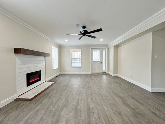 Empty room, Fireplace, Interior, Recessed Lighting, Wood Texture Flooring
