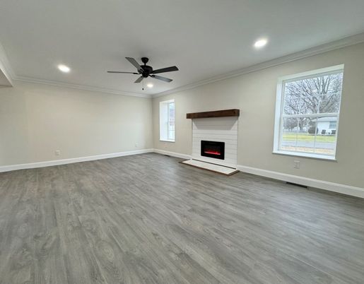 Empty room, Fireplace, Interior, Recessed Lighting, Wood Texture Flooring