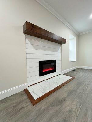 Empty room, Fireplace, Interior, Recessed Lighting, Wood Texture Flooring