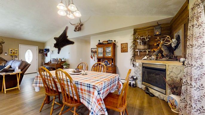 Dining room, Fireplace, Interior, Pendant Lights, Wood Texture Flooring