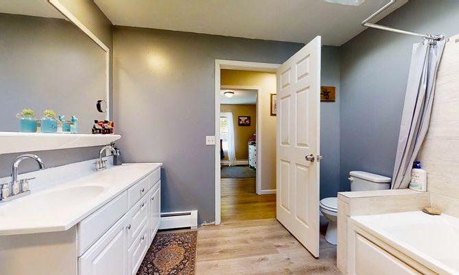Bathroom, Dual Sink Vanities, Interior, Wood Texture Flooring