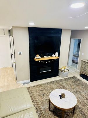 Fireplace, Interior, Living room, Recessed Lighting, Wood Texture Flooring