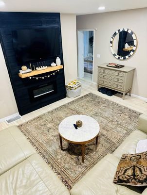Fireplace, Interior, Living room, Recessed Lighting, Wood Texture Flooring
