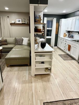 Interior, Kitchen, Living room, Recessed Lighting, Wood Texture Flooring