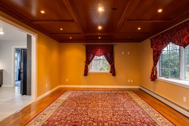 Empty room, Interior, Recessed Lighting, Wooden Beams, Wooden Ceilings, Wood Texture Flooring