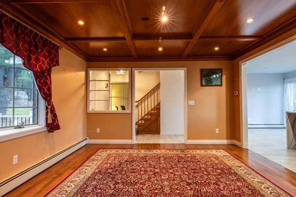 Empty room, Interior, Recessed Lighting, Wooden Beams, Wooden Ceilings, Wood Texture Flooring