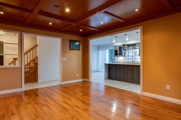 Empty room, Interior, Kitchen, Pendant Lights, Recessed Lighting, Wooden Beams, Wooden Ceilings, Wood Texture Flooring