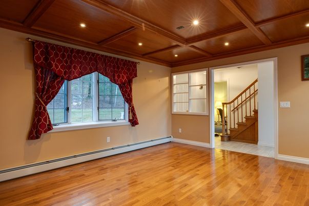 Empty room, Interior, Recessed Lighting, Wooden Beams, Wooden Ceilings, Wood Texture Flooring