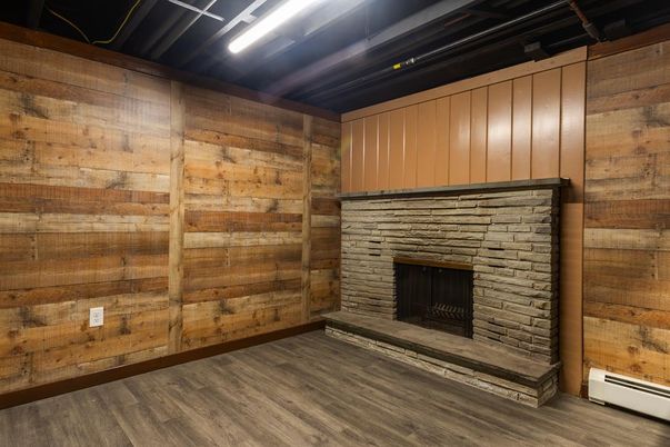 Empty room, Fireplace, Interior, Wood Texture Flooring, Wooden Walls