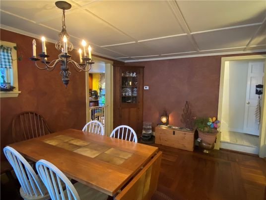 Chandelier, Dining room, Interior, Wood Texture Flooring