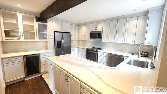 Interior, Kitchen, Recessed Lighting, Stainless Steel Appliances, Wooden Beams, Wood Texture Flooring