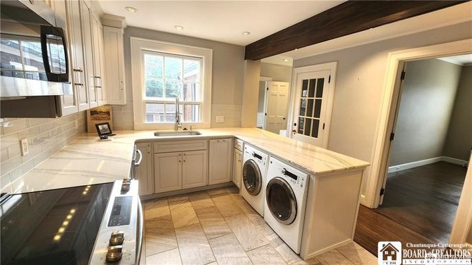 Interior, Kitchen, Recessed Lighting, Washer, Wooden Beams, Wood Texture Flooring