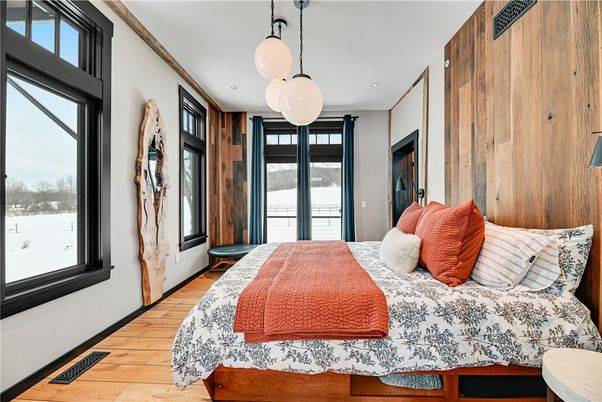 Bedroom, Interior, Pendant Lights, Wood Texture Flooring