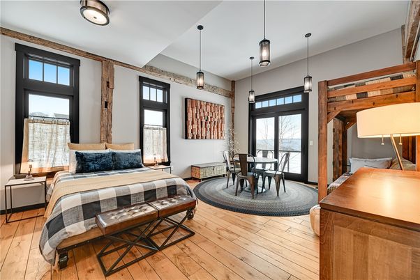 Bedroom, Dining room, Interior, Pendant Lights, Wooden Beams, Wood Texture Flooring