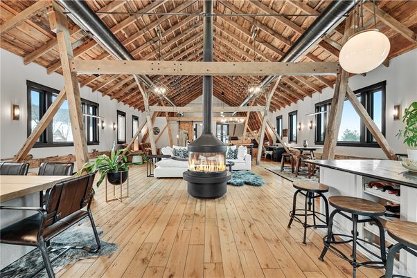 Dining room, Fireplace, Interior, Living room, Pendant Lights, Wooden Beams, Wooden Ceilings, Wood Texture Flooring