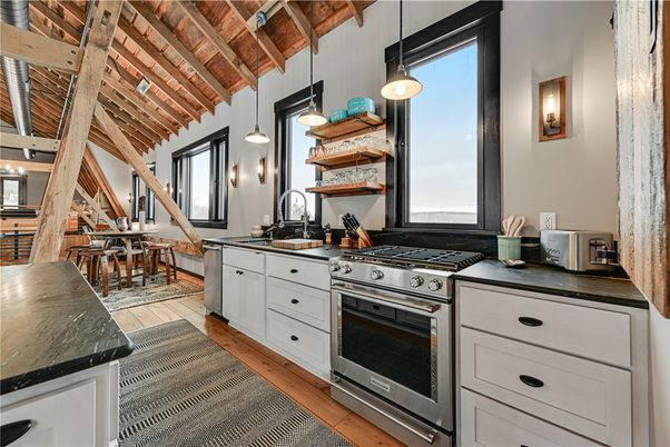 Dining room, Interior, Kitchen, Pendant Lights, Stainless Steel Appliances, Wooden Beams, Wooden Ceilings, Wood Texture Flooring
