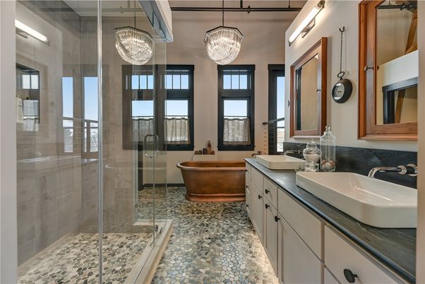 Bathroom, Dual Sink Vanities, Free Standing Baths, Glass Shower, Interior, Pendant Lights