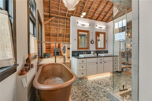 Bathroom, Dual Sink Vanities, Free Standing Baths, Glass Shower, Interior, Wooden Beams, Wooden Ceilings