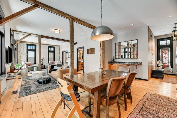 Dining room, Interior, Living room, Pendant Lights, Recessed Lighting, Wood Texture Flooring