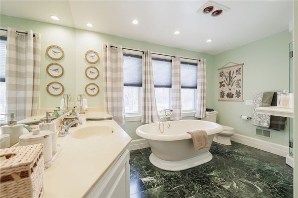 Bathroom, Dual Sink Vanities, Free Standing Baths, Interior, Marble, Recessed Lighting