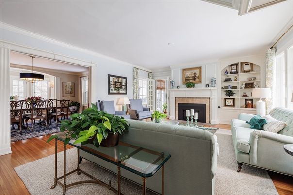 Dining room, Fireplace, Interior, Living room, Pendant Lights, Wood Texture Flooring