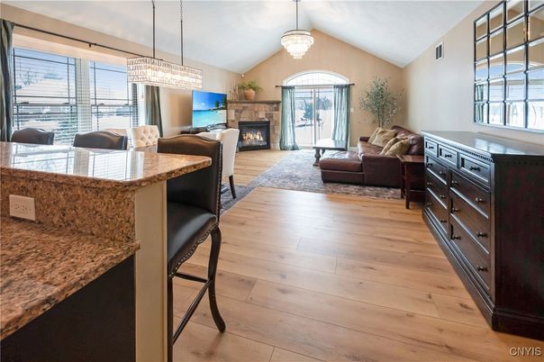 Fireplace, Interior, Living room, Pendant Lights, Wood Texture Flooring